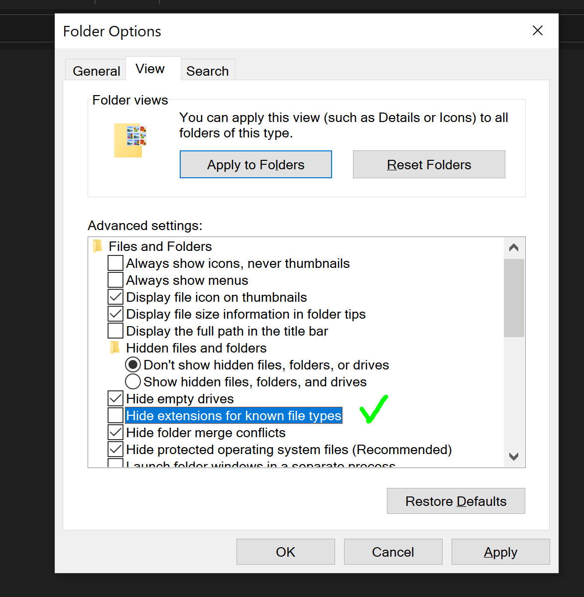 Display hidden files and file extension